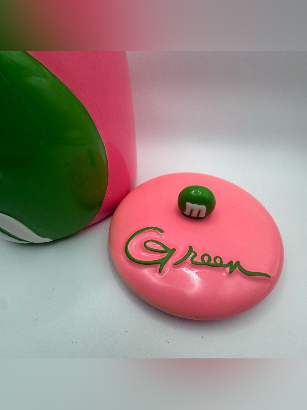 Vintage 2003 M&M’s Green Character Ceramic Cookie Jar Galerie Pink Mars - Picture 8 of 13